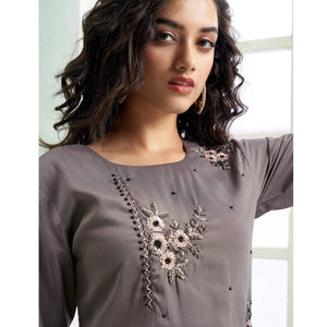Grey Partywear Embroidered Silk Palazzo Suit With Dupatta