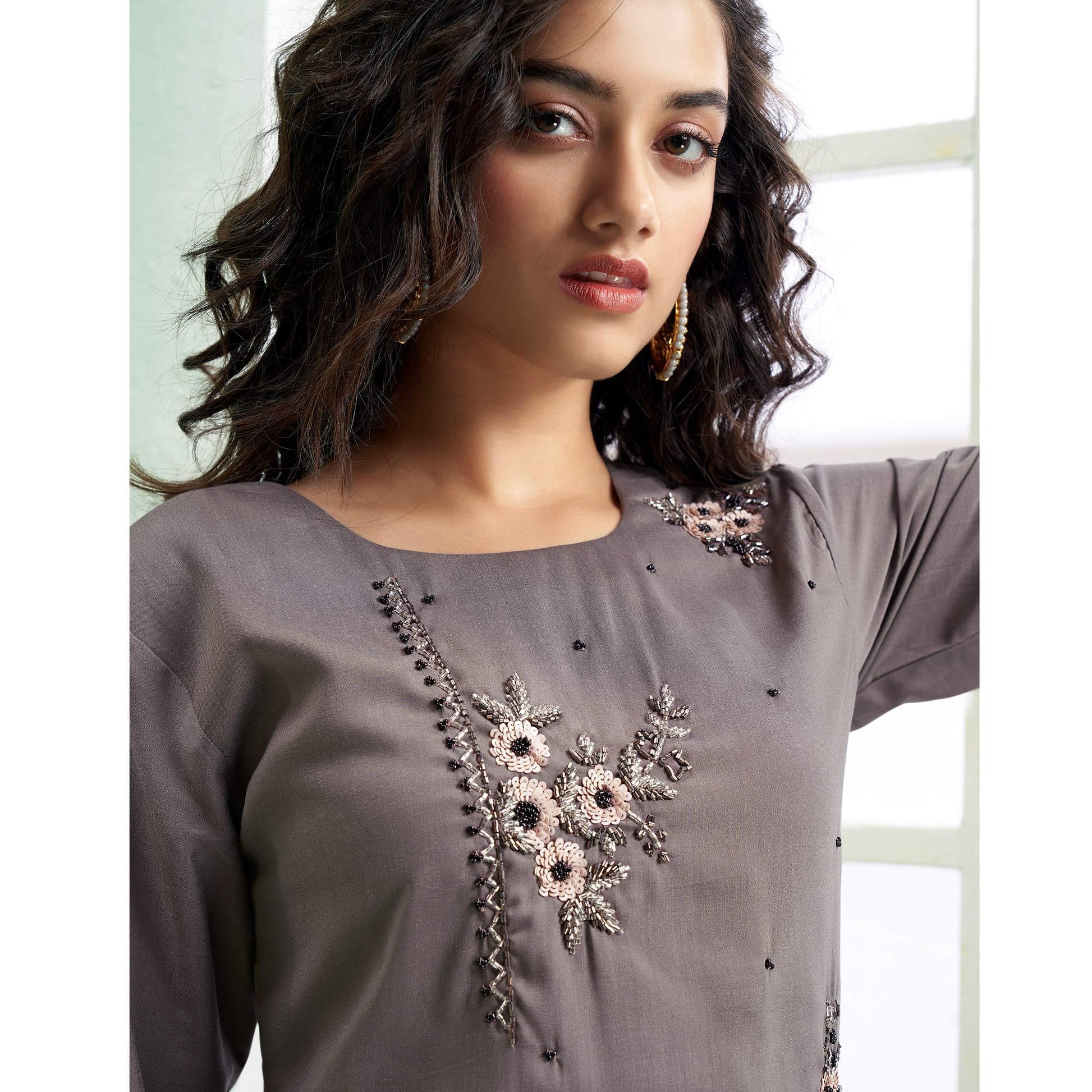 Grey Partywear Embroidered Silk Palazzo Suit With Dupatta