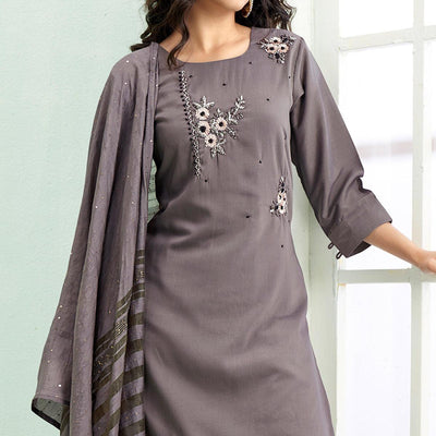 Grey Partywear Embroidered Silk Palazzo Suit With Dupatta