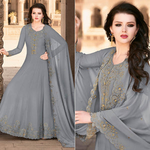 Grey Partywear Embroidered Soft Georgette Suit