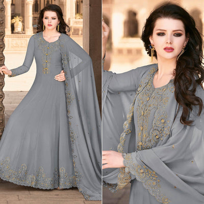Grey Partywear Embroidered Soft Georgette Suit