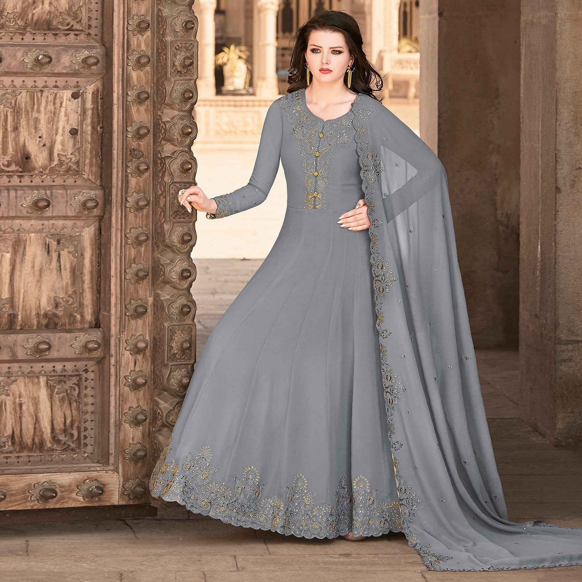 Grey Partywear Embroidered Soft Georgette Suit