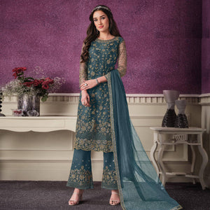 Grey Partywear Embroidered Soft Net Suit