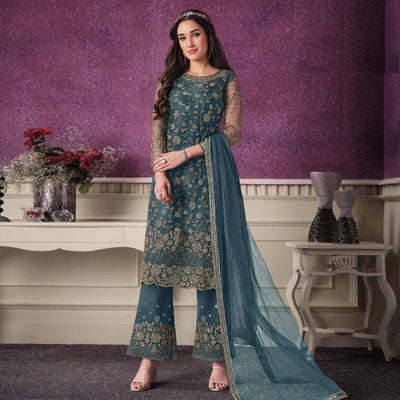 Grey Partywear Embroidered Soft Net Suit
