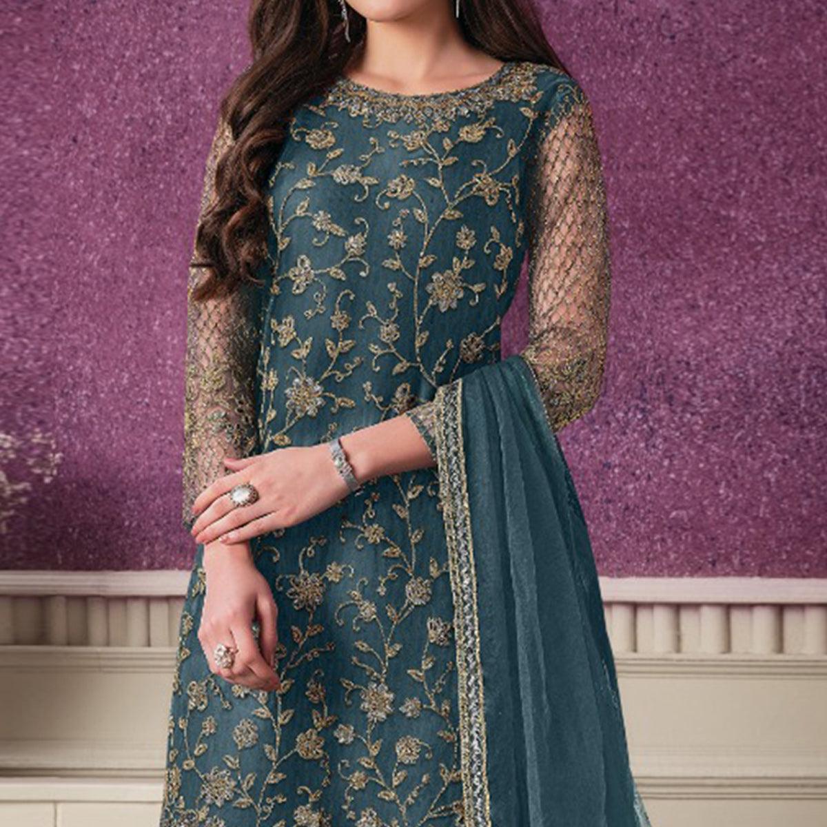 Grey Partywear Embroidered Soft Net Suit