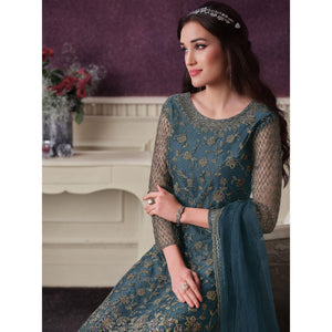Grey Partywear Embroidered Soft Net Suit