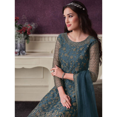 Grey Partywear Embroidered Soft Net Suit