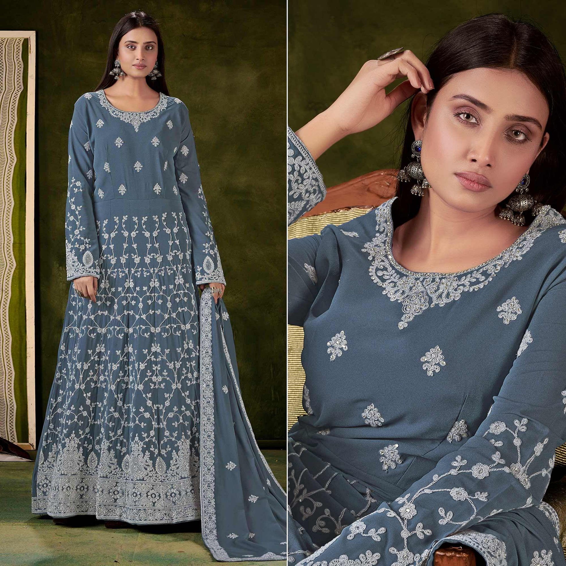 Grey Partywear Embroidered With Embellished Georgette Gown