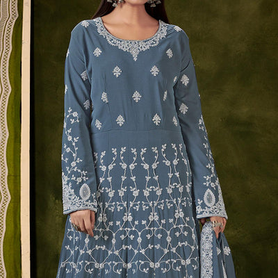 Grey Partywear Embroidered With Embellished Georgette Gown