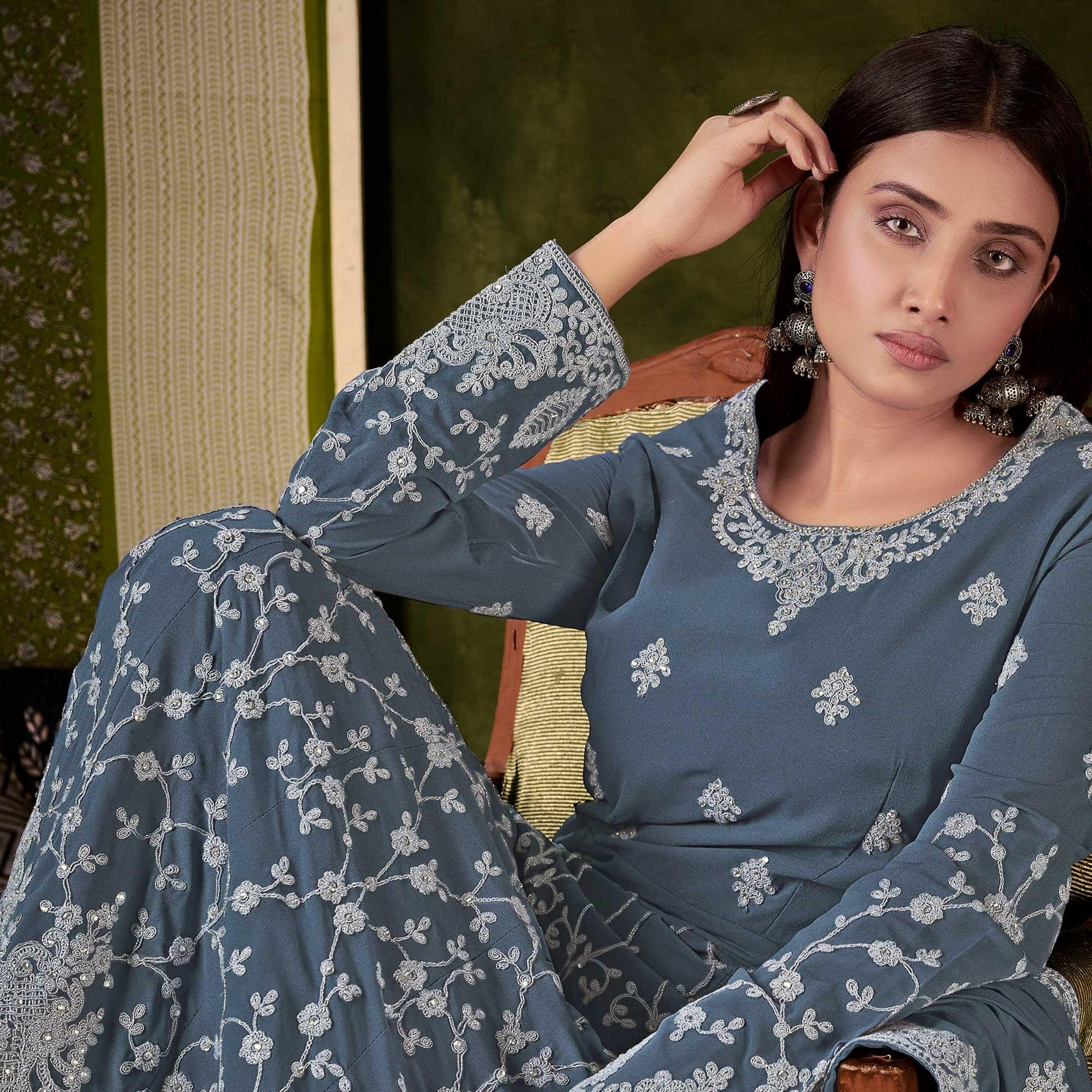 Grey Partywear Embroidered With Embellished Georgette Gown