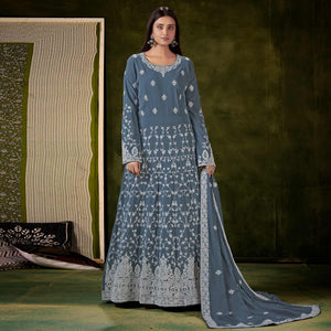 Grey Partywear Embroidered With Embellished Georgette Gown