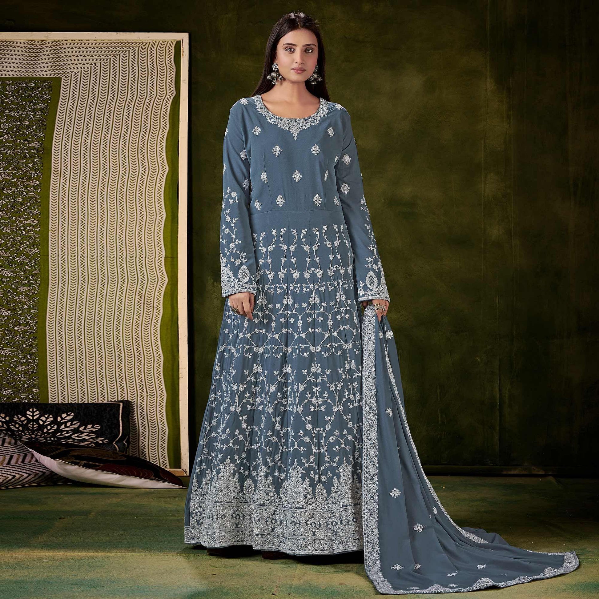 Grey Partywear Embroidered With Embellished Georgette Gown