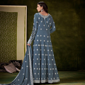 Grey Partywear Embroidered With Embellished Georgette Gown