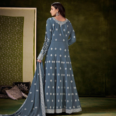 Grey Partywear Embroidered With Embellished Georgette Gown