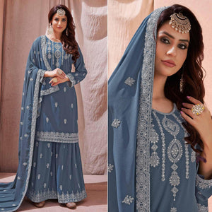 Grey Partywear Embroidered With Embellished Georgette Sharara Suit