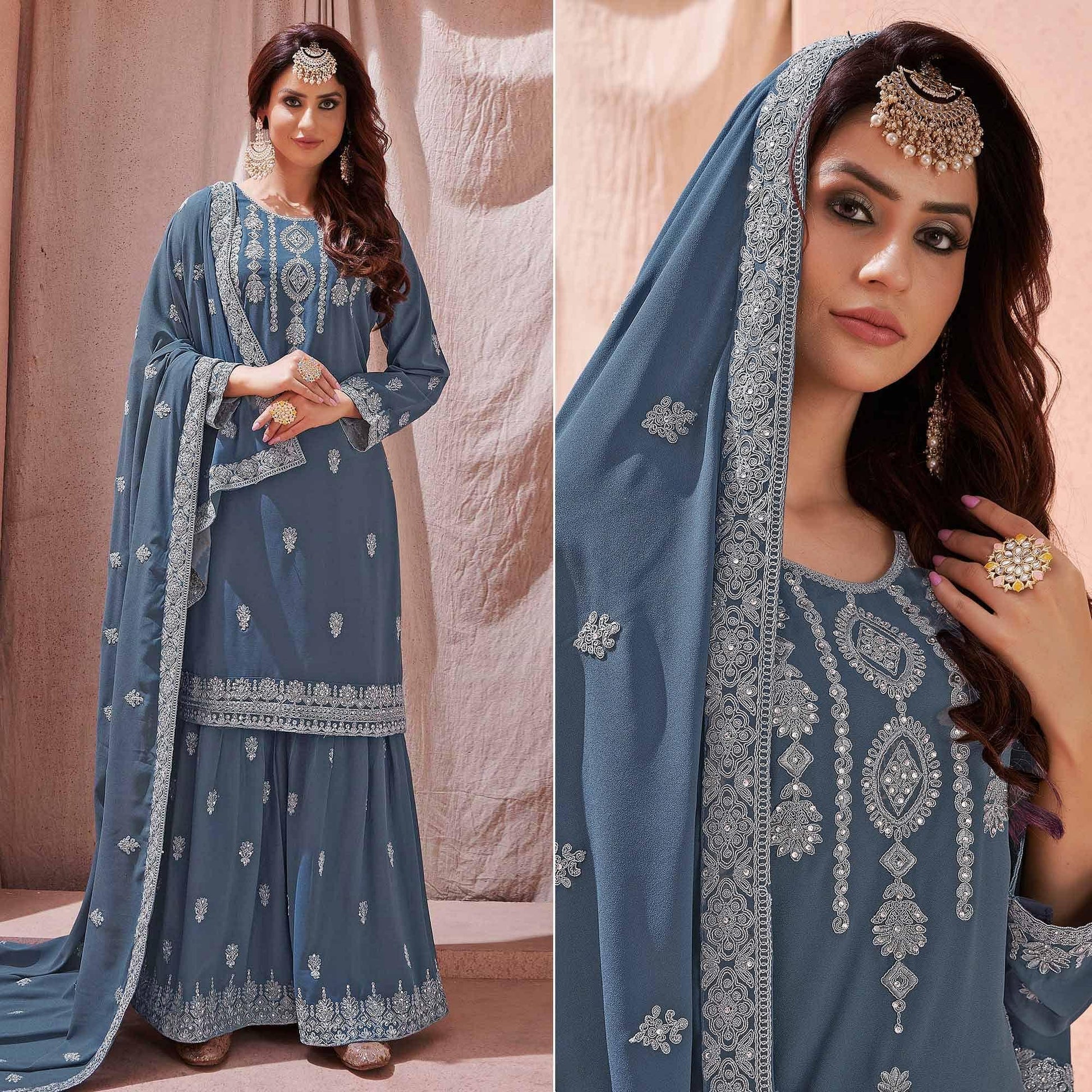 Grey Partywear Embroidered With Embellished Georgette Sharara Suit