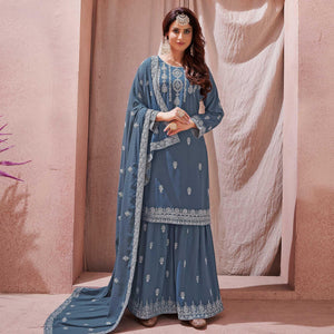 Grey Partywear Embroidered With Embellished Georgette Sharara Suit