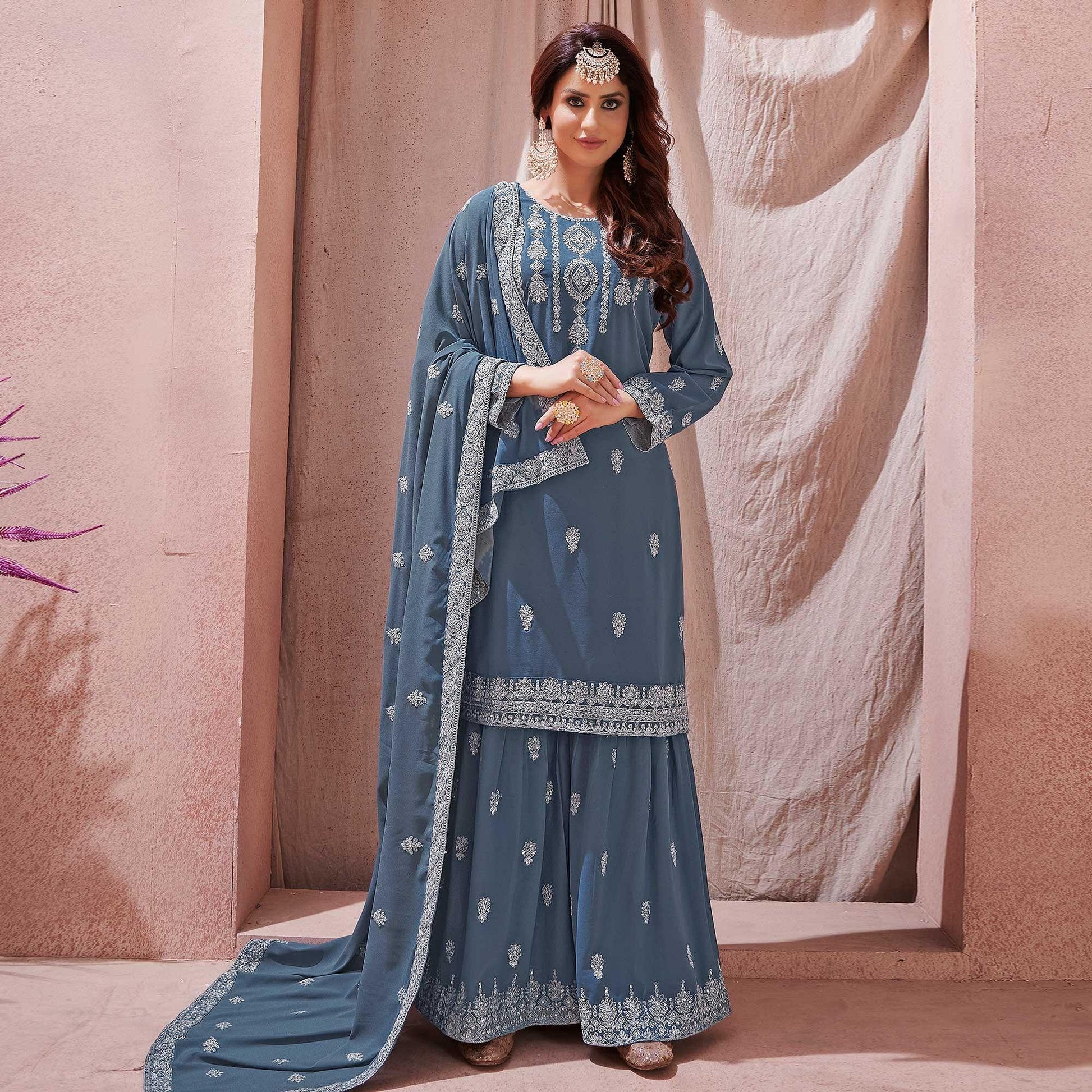 Grey Partywear Embroidered With Embellished Georgette Sharara Suit