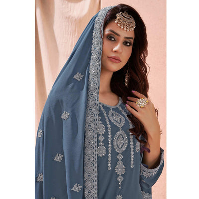 Grey Partywear Embroidered With Embellished Georgette Sharara Suit