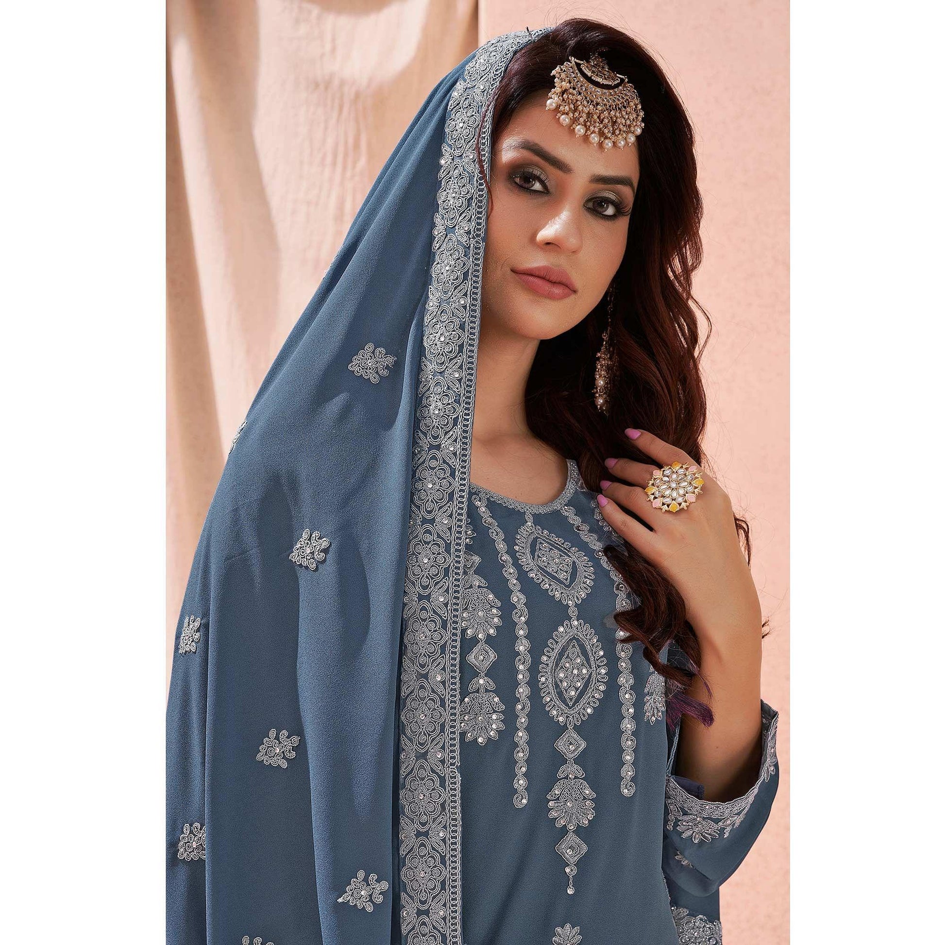Grey Partywear Embroidered With Embellished Georgette Sharara Suit