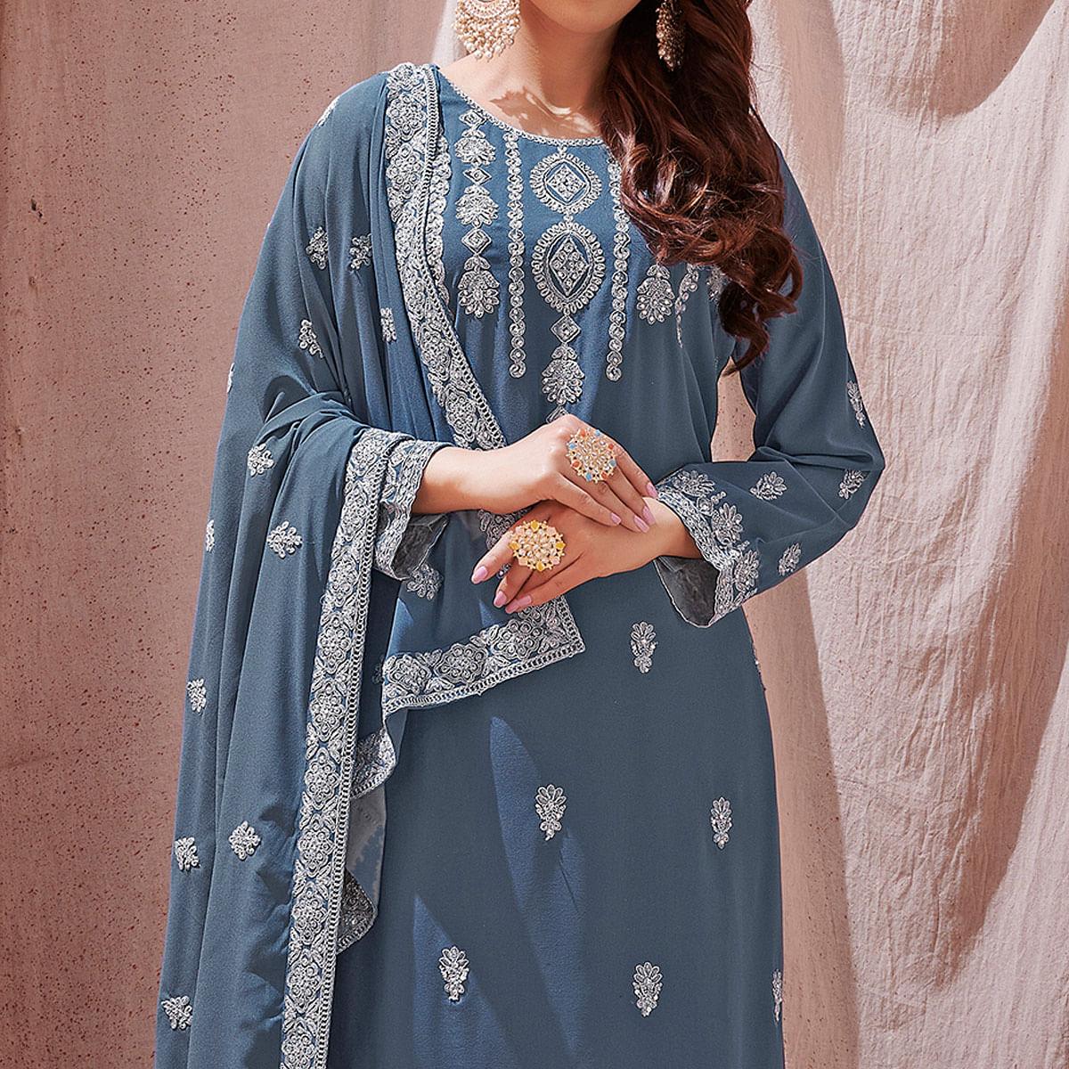 Grey Partywear Embroidered With Embellished Georgette Sharara Suit