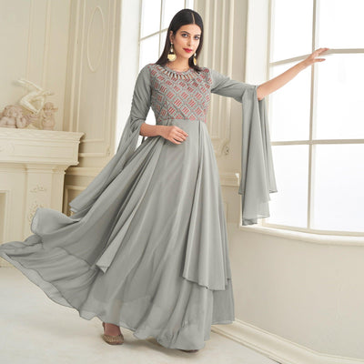 Grey Partywear Embroidered with Handwork Heavy Georgette Gown