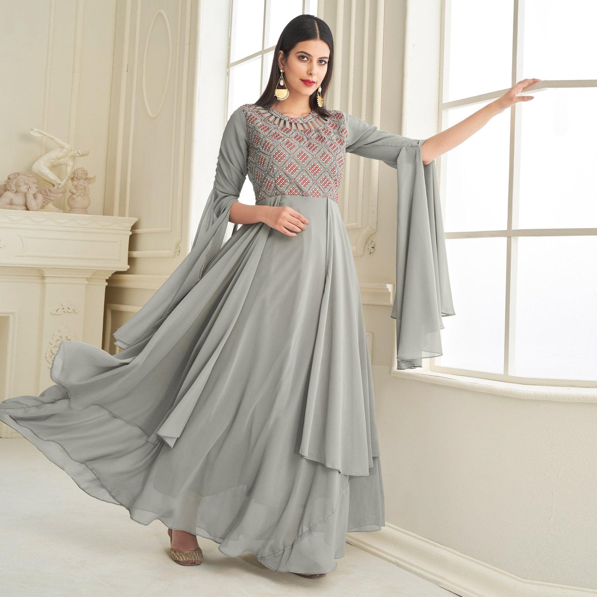 Grey Partywear Embroidered with Handwork Heavy Georgette Gown