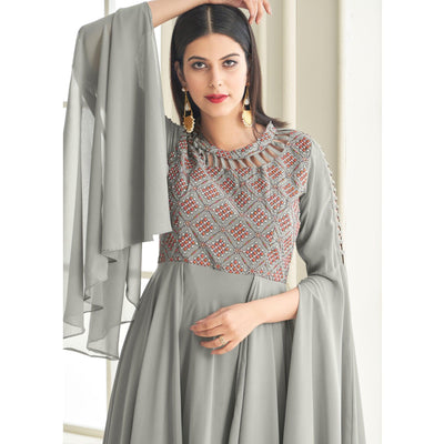 Grey Partywear Embroidered with Handwork Heavy Georgette Gown