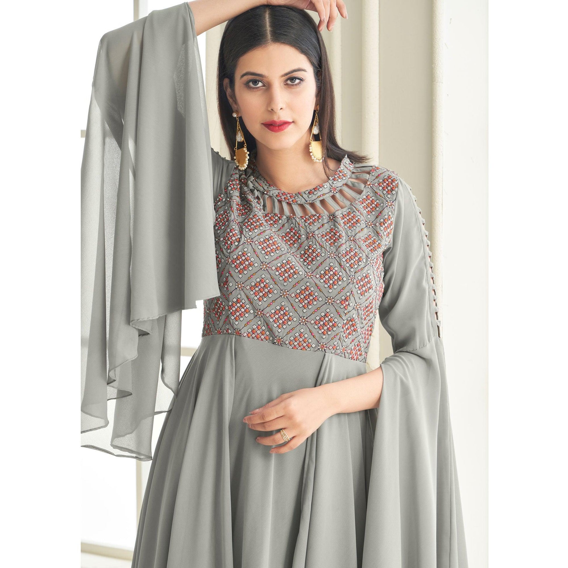 Grey Partywear Embroidered with Handwork Heavy Georgette Gown