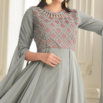Grey Partywear Embroidered with Handwork Heavy Georgette Gown