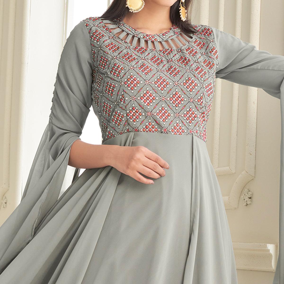 Grey Partywear Embroidered with Handwork Heavy Georgette Gown