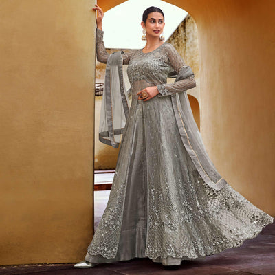 Grey Partywear Embroidered with Swarovski Soft Net Suit