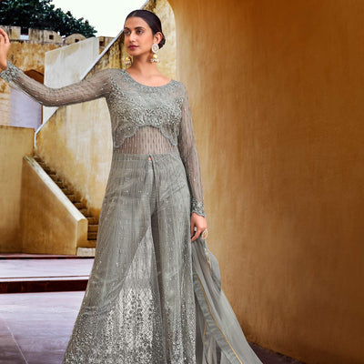 Grey Partywear Embroidered with Swarovski Soft Net Suit