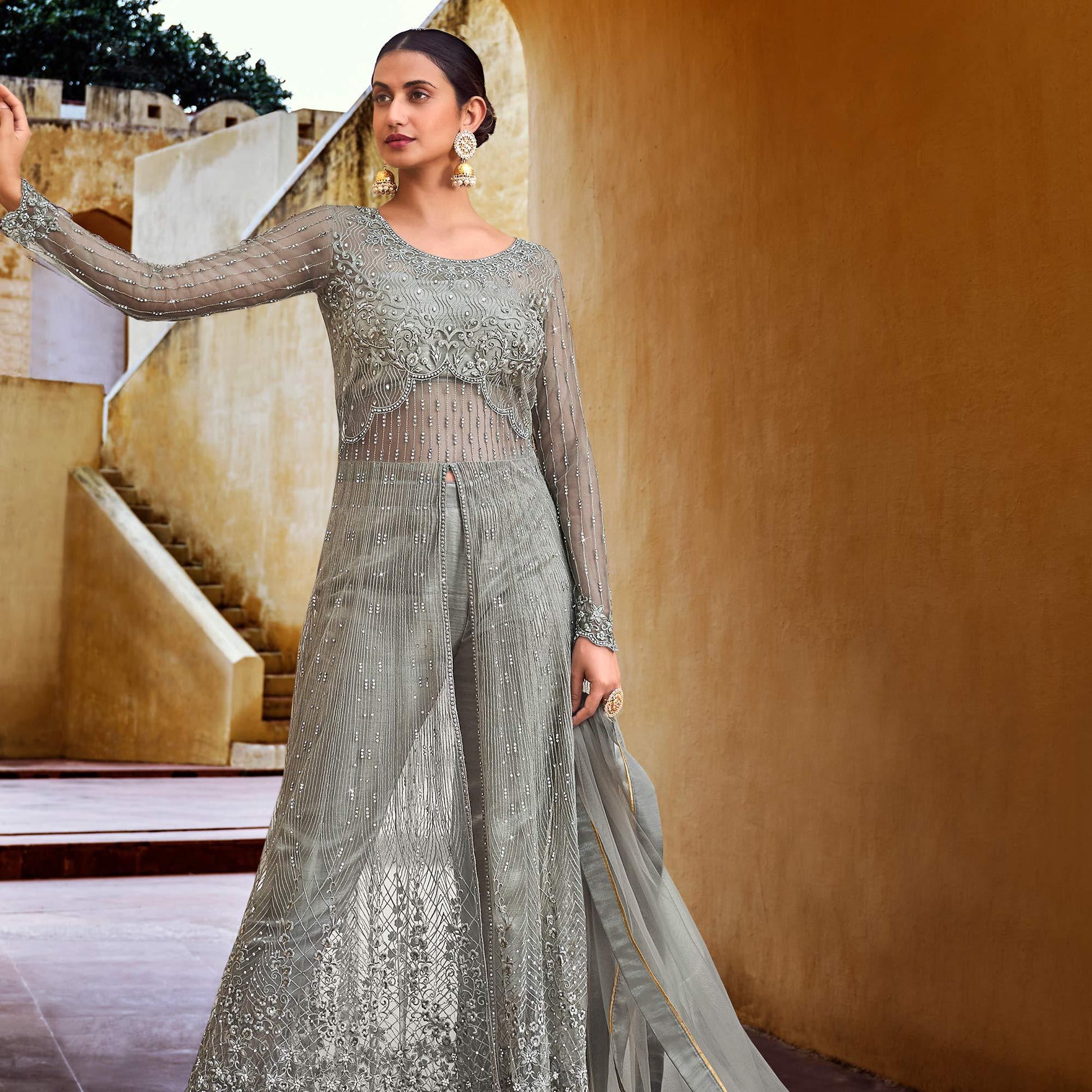 Grey Partywear Embroidered with Swarovski Soft Net Suit