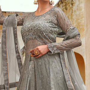 Grey Partywear Embroidered with Swarovski Soft Net Suit