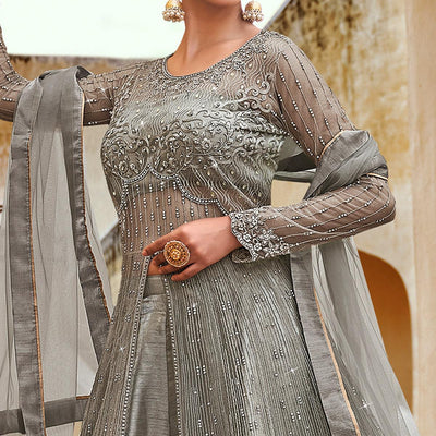 Grey Partywear Embroidered with Swarovski Soft Net Suit