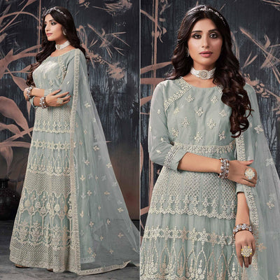 Grey Partywear Embroidery With Embellished Net Gown
