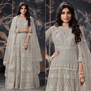 Grey Partywear Embroidery With Embellished Net Gown