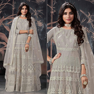 Grey Partywear Embroidery With Embellished Net Gown