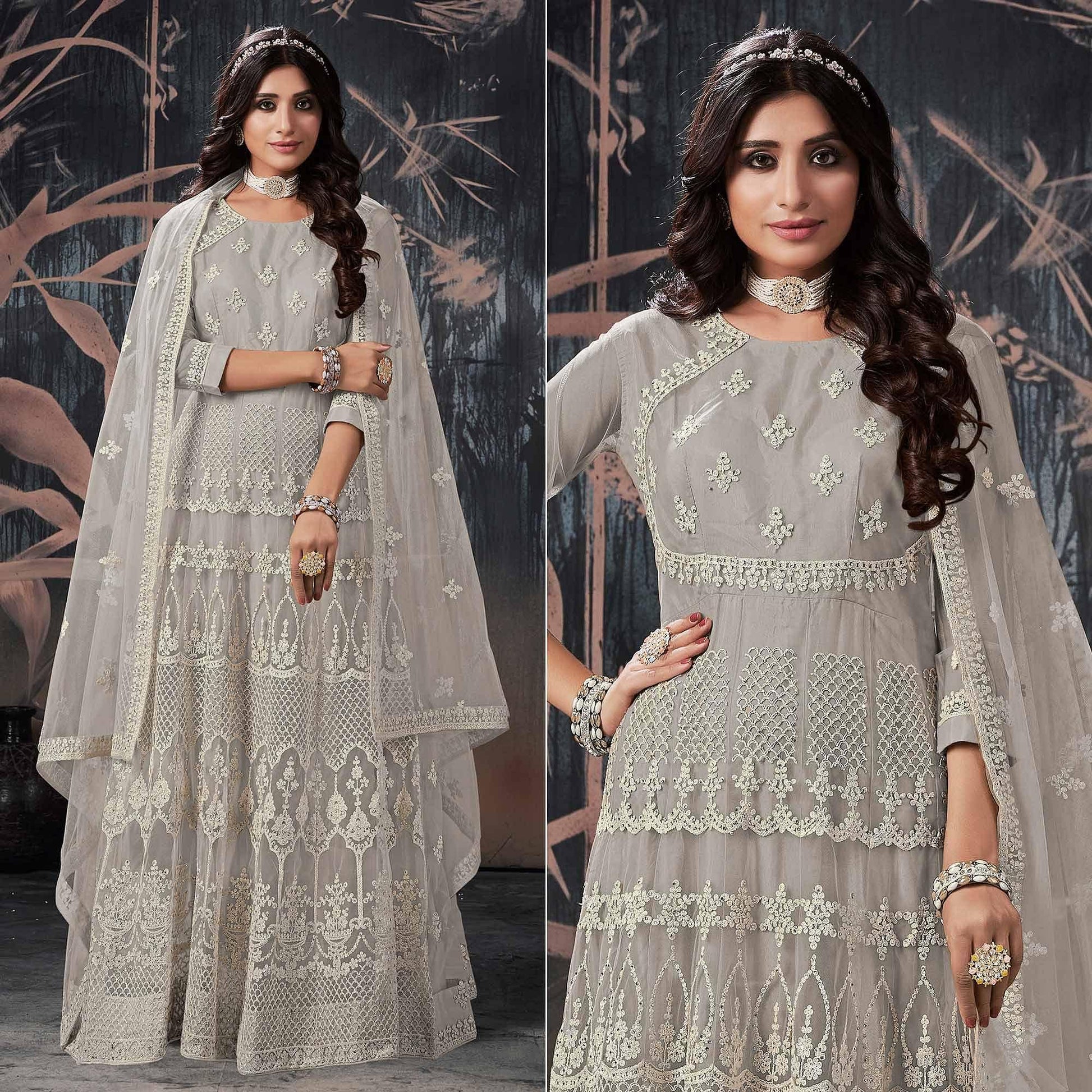 Grey Partywear Embroidery With Embellished Net Gown