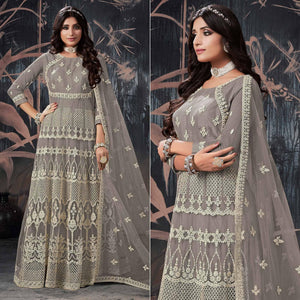 Grey Partywear Embroidery With Embellished Net Gown