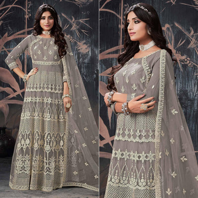 Grey Partywear Embroidery With Embellished Net Gown