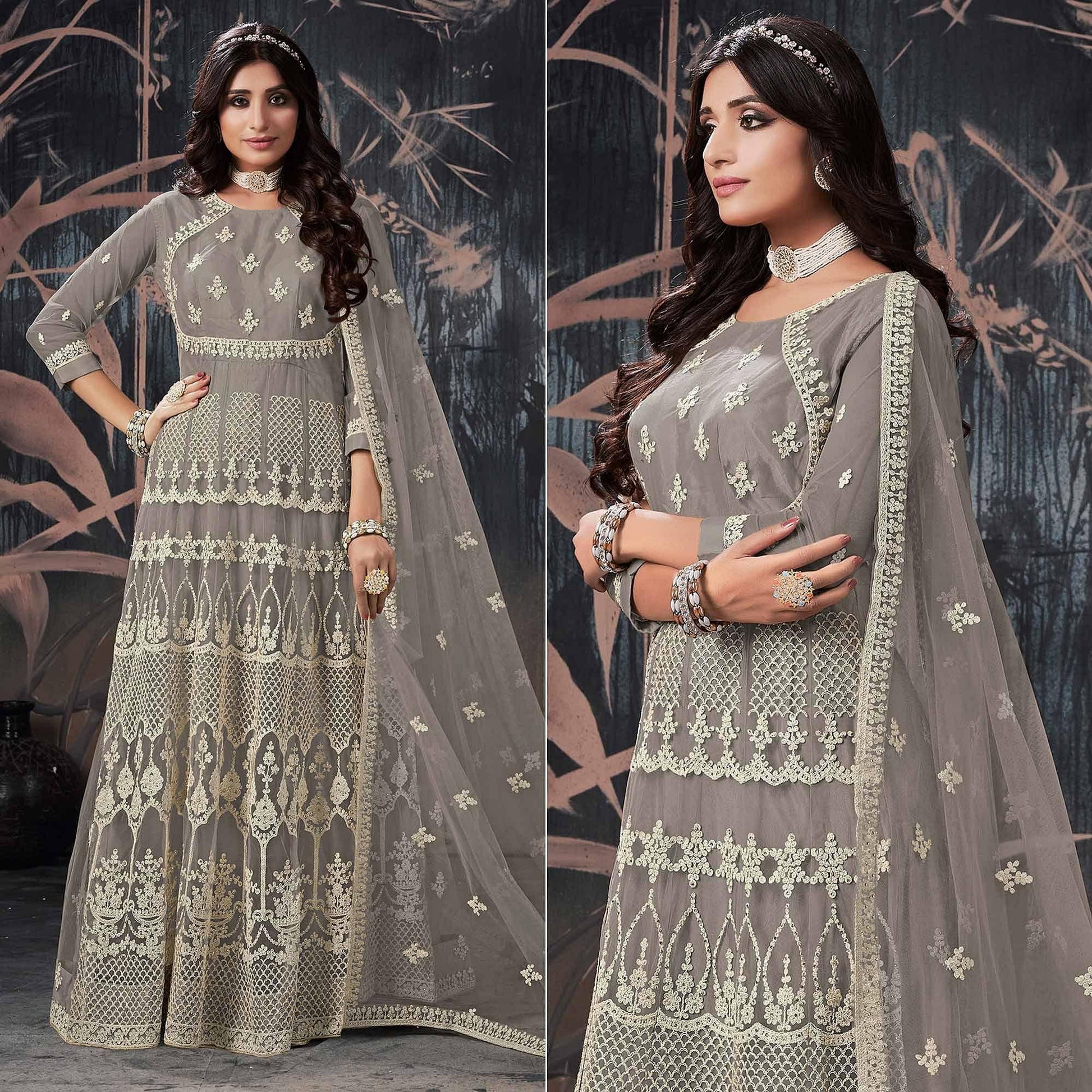 Grey Partywear Embroidery With Embellished Net Gown