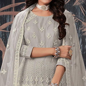 Grey Partywear Embroidery With Embellished Net Gown