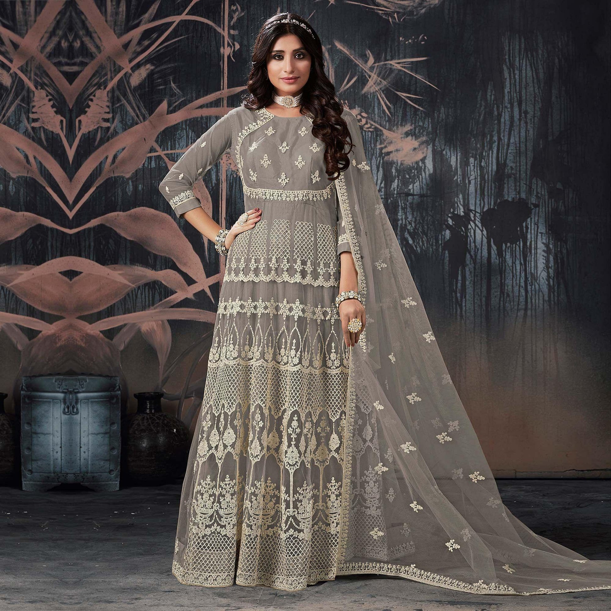 Grey Partywear Embroidery With Embellished Net Gown