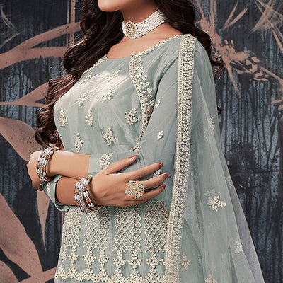Grey Partywear Embroidery With Embellished Net Gown