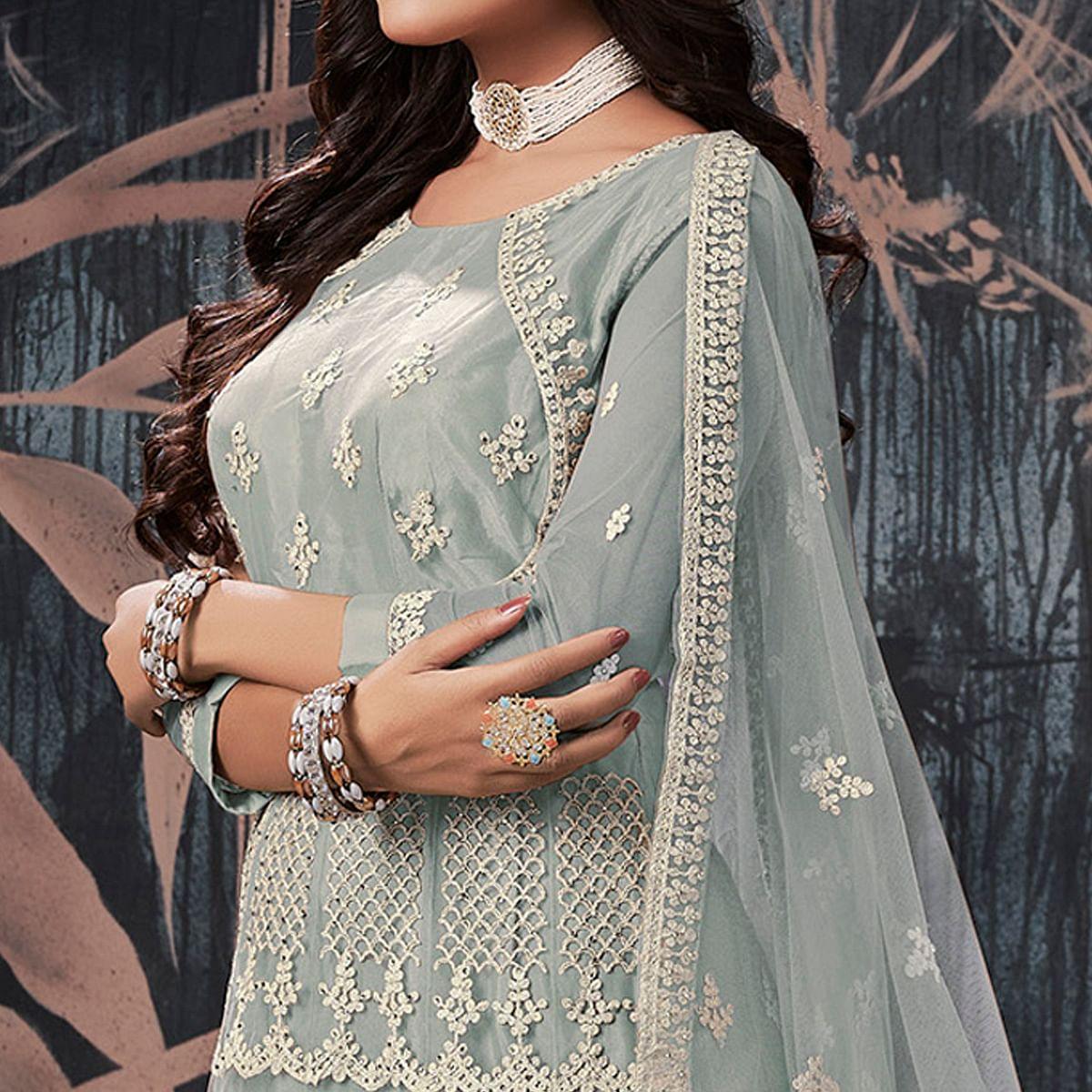 Grey Partywear Embroidery With Embellished Net Gown