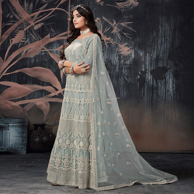 Grey Partywear Embroidery With Embellished Net Gown