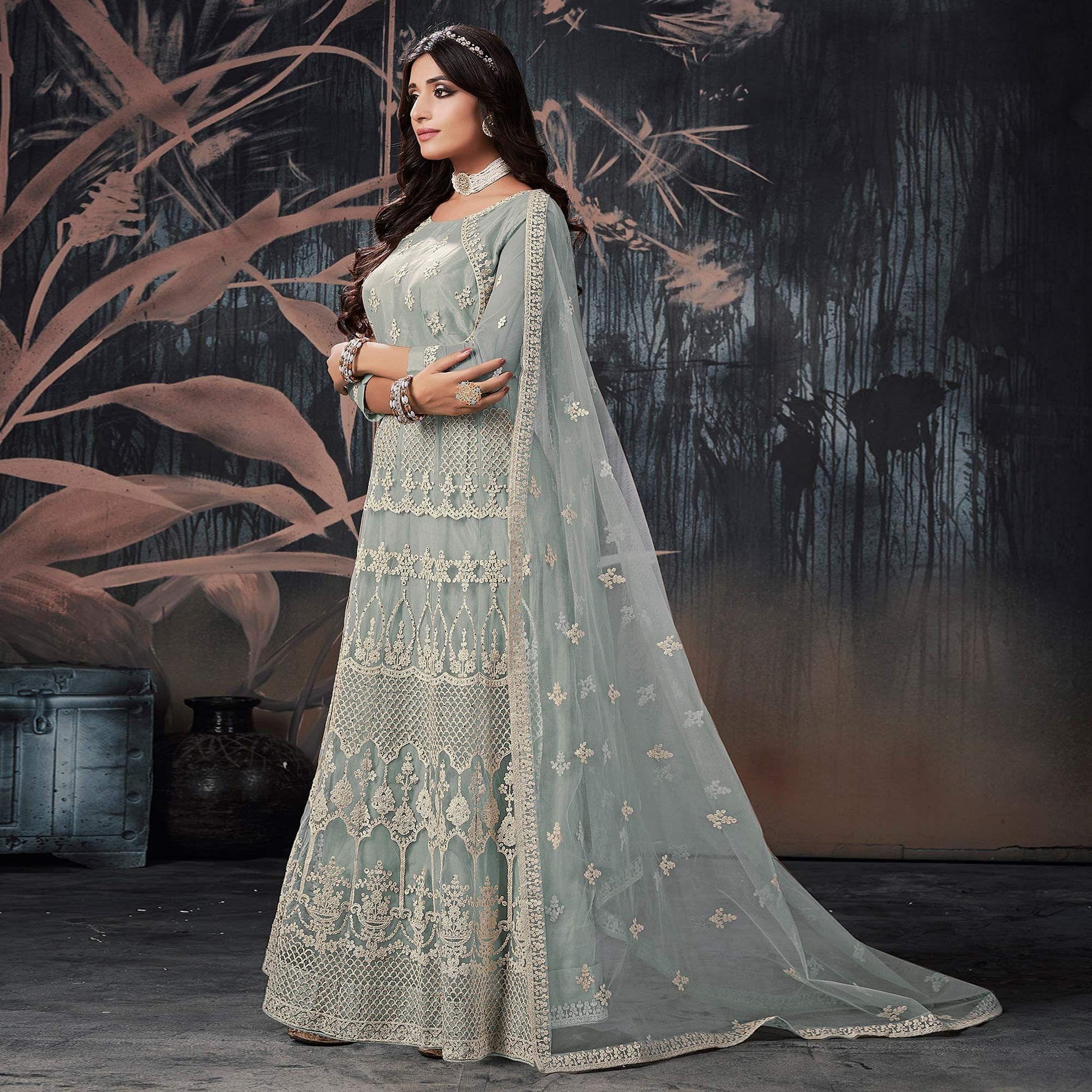Grey Partywear Embroidery With Embellished Net Gown