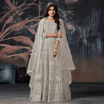 Grey Partywear Embroidery With Embellished Net Gown